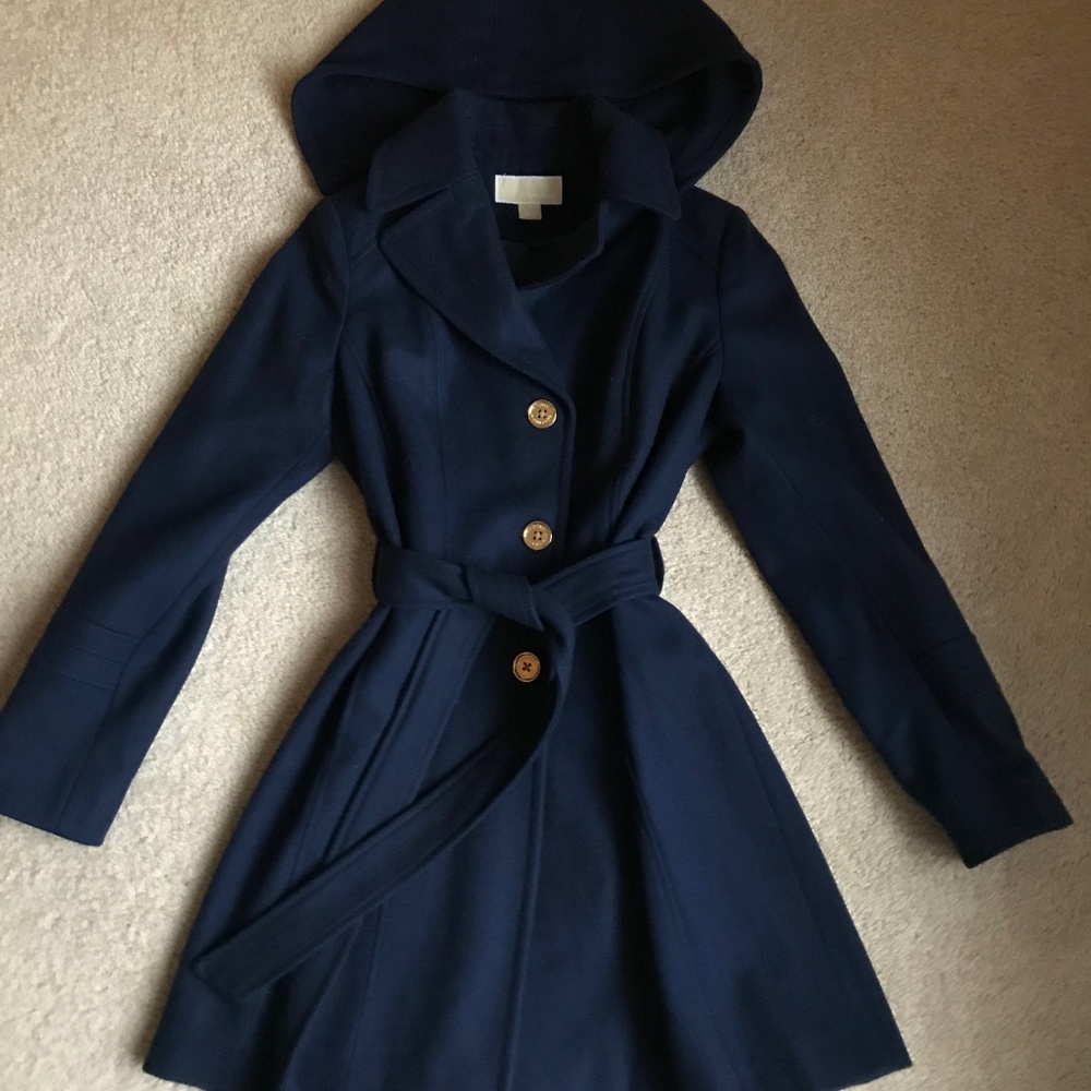 Michael Kors navy blue hooded wool coat
